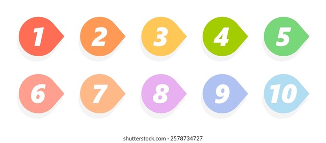 Bullet point numbers design element set. Colorful list markers collection, number 1 to 10.