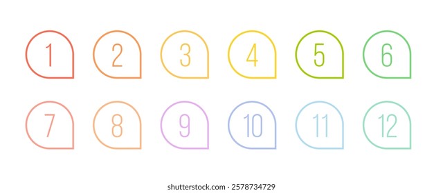Bullet point numbers design element set. Colorful list markers collection, number 1 to 12.