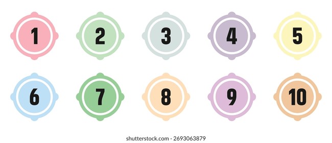 Bullet point numbers design element set. Colorful list markers collection, number 1 to 10. Vector illustration