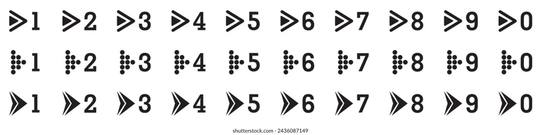 Bullet points arrows set, numbers from 1 to 10. Infographics. Vector design illustration.