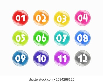 Bullet points buttons colorful with fish eye effect, numbers from 01 to 12. Infographics. Vector design.	