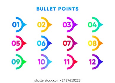 Bullet Points. Direction Number from one to twelve. Different color a drops. Vector illustration.