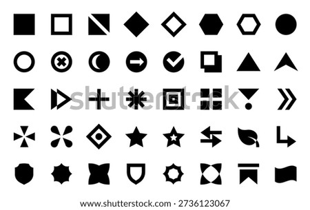 Bullet points. Geometric shapes and direction symbols for list. Square, circle and triangle, diamond, hexagon. Menu option, headline highlight graphics. Modern bullet point vector isolated set.