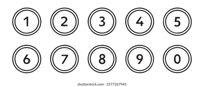 Bullet Points icon set in line style, Simple round numbers in flat style, Set of 1-10 numbers simple black symbol sign for apps, UI, and website, vector illustration