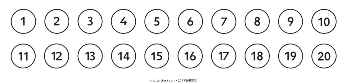 Bullet Points icon set in line style, Simple round numbers in flat style, Set of 1-20 numbers simple black symbol sign for apps, UI, and website, vector illustration