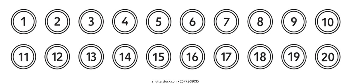 Bullet Points icon set in line style, Simple round numbers in flat style, Set of 1-20 numbers simple black symbol sign for apps, UI, and website, vector illustration