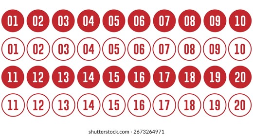 Conjunto de iconos de puntos de viñeta en estilo de línea, números redondos simples en estilo plano y estilo de línea. Conjunto de 1-20 números para App y Sitio web, Ilustración vectorial.