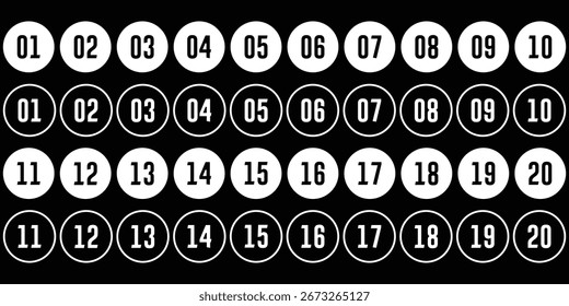 Ícone Pontos com Marcador definido em estilo de linha, Números redondos simples em estilo plano e estilo de linha. Conjunto de 1-20 números para aplicativos e site, ilustração vetorial.