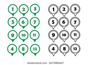 Definição do ícone Pontos marcadores. Números redondos simples em estilo plano, Conjunto de 1-10 números