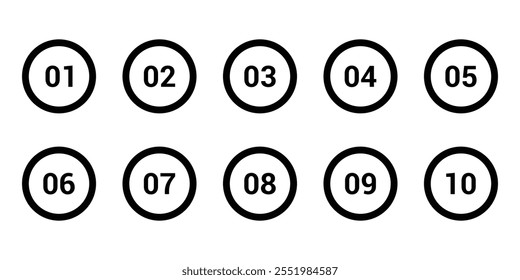 Aufzählungspunkte Symbole im Linienstil einfache runde Zahlen im flachen Stil Satz von 1 bis 10 Zahlen Zeichen einfache schwarze Symbole für UI-Apps und Websites Vektorgrafik