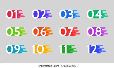 Puntos de viñeta, marcadores de información. conjunto de flecha de icono.  Indicadores numéricos 1 a 12 Vector aislado de diseño plano.