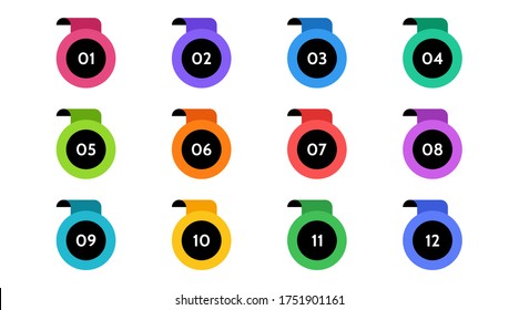 Bullet points, info markers. Triangle icon arrow set.  Number Flags 1 to 12 Flat design isolated vector.
