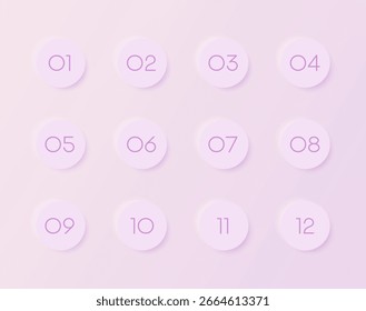 Bullet points in morphism design. Direction number set from one to twelve. Numbers collection in circle for list and tag infographic. Vector illustration