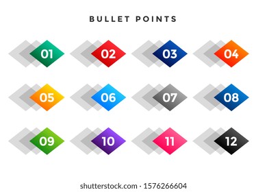 bullet points number in diamond shape from one to twelve