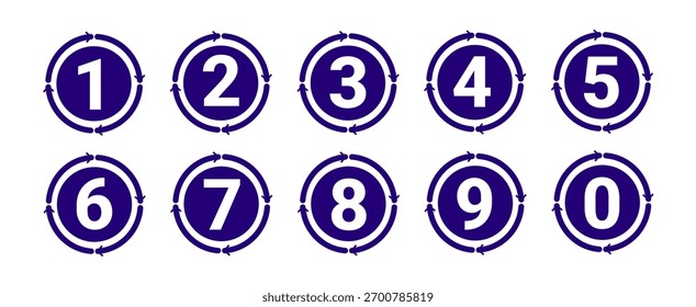 O marcador aponta números de 0 a 9. Conjunto vetorial de marcadores numéricos, ícones de marcas, etapas, com fundo branco.