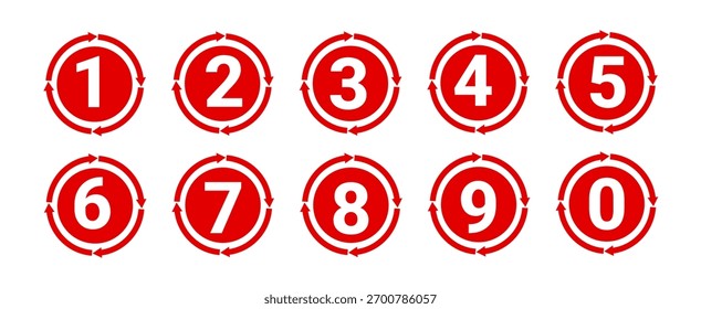  O marcador aponta números de 0 a 9. Conjunto vetorial de marcadores numéricos, ícones de marcas, etapas, com fundo branco.