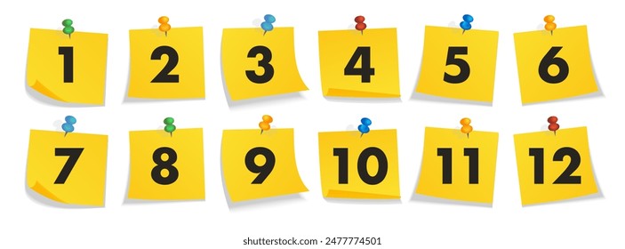 Bullet points numbers from 1 to 12 yellow sticker