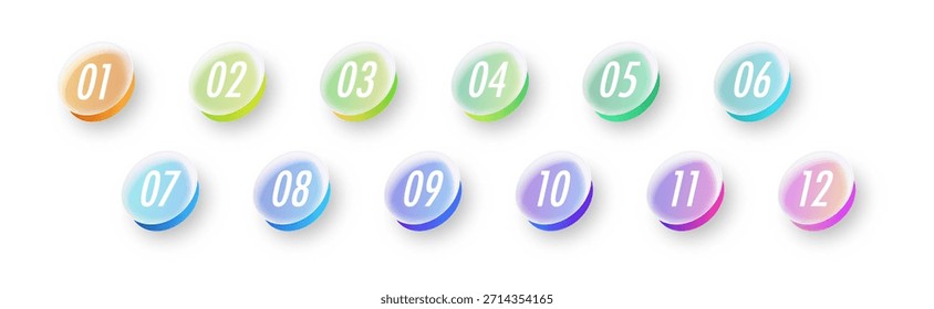 Aufzählungspunkte Nummern 1 bis 12 Liste Marker glassmorphic für Timeline, Infografik, Prozess, sequenzielle Prozesse, jährliche Highlights