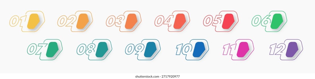 Aufzählungspunkte Nummern 1 bis 12 Listenmarker für Infografik, Prozess, sequenzielle Prozesse, Zeitachse, jährliche Highlights