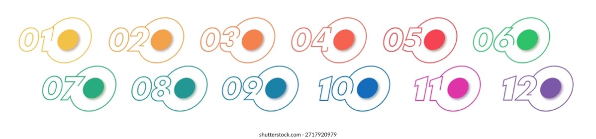 Aufzählungspunkte Nummern 1 bis 12 Listenmarkierungen für Fortschritt, Infografik, Prozess, sequenzielle Prozesse, Zeitachse