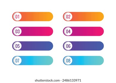 Bullet points with numbers 1 to 8 in colorful text boxes. Vector illustration