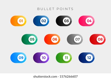 bullet points numbers in button style from one to twelve