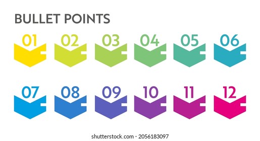 Bullet points numbers. Colorful list markers from 1 to 12. Vector design elements set for modern infographic.
