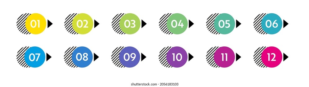 Bullet points numbers. Colorful list markers from 1 to 12. Vector design elements set for modern infographic.