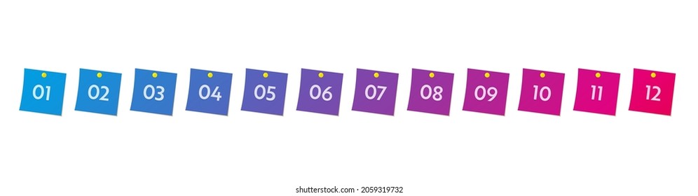 Bullet points numbers. Colorful list markers from 1 to 12. Vector design elements set for modern infographic.