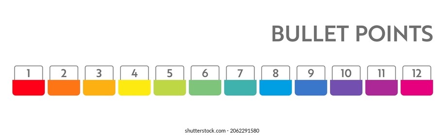 Bullet points numbers. Colorful list markers from 1 to 12. Vector design elements set for modern infographic.