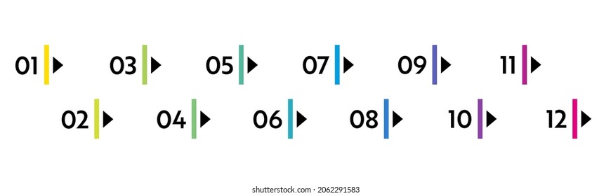 Bullet points numbers. Colorful list markers from 1 to 12. Vector design elements set for modern infographic.