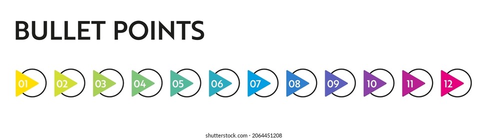 Bullet points numbers. Colorful list markers from 1 to 12. Vector design elements set for modern infographic.