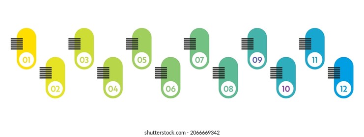 Bullet points numbers. Colorful list markers from 1 to 12. Vector design elements set for modern infographic.