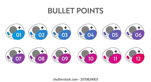 Bullet points numbers. Colorful list markers from 1 to 12. Vector design elements set for modern infographic.