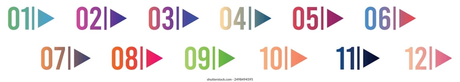 Bullet points numbers. Colorful list markers from 1 to 12. Modern infographic vector design elements set.