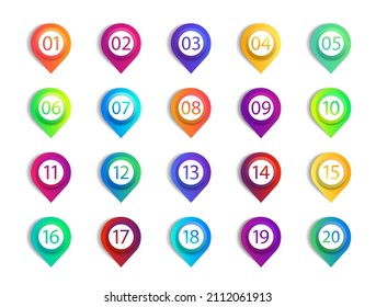 Bullet points with numbers. Infographic for button. Circle with arrow markers. Infograph icon of steps from 1 to 20. List of colorful gradient pointers for promotion, business and interface. Vector.