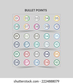 Bullet points numbers one to ten. Label shape vector numbers. Vector icons, colored numbers. Circle Bullet points,