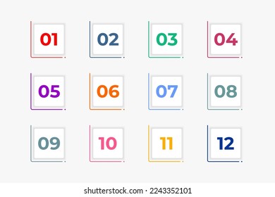 Bullet Points Numbers from One to Twelve square with lines