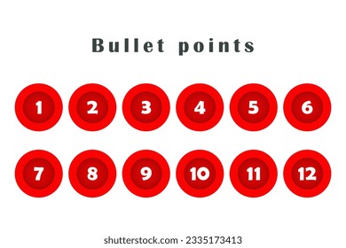 Bullet points red circles, numbers from 1 to 12. Infographics. Vector design.