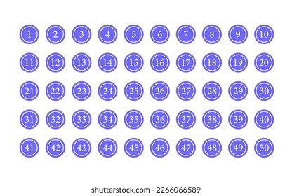 Bullet points set. Round icon with numbered 1 to 50. Vector illustration