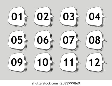 Bullet points think bubbles with shadows. Numbers from 01 to 12. Vector design.