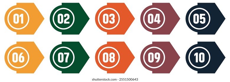 Bullet points. Bullet points vector. Colorful number bullet point 1 to 10.