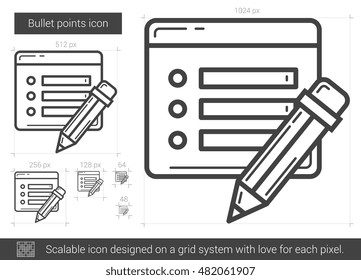 Bullet points vector line icon isolated on white background. Bullet points line icon for infographic, website or app. Scalable icon designed on a grid system.