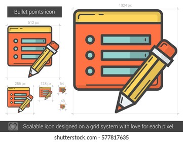 Bullet points vector line icon isolated on white background. Bullet points line icon for infographic, website or app. Scalable icon designed on a grid system.