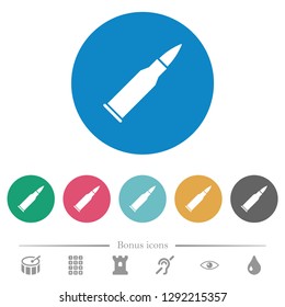 Bullet rifle ammo flat white icons on round color backgrounds. 6 bonus icons included.