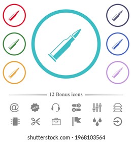 Bullet rifle ammo with gloss flat color icons in circle shape outlines. 12 bonus icons included.