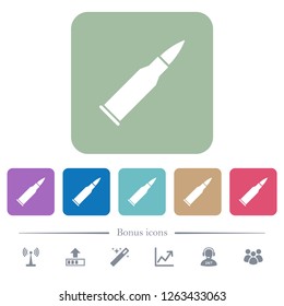 Bullet rifle ammo white flat icons on color rounded square backgrounds. 6 bonus icons included