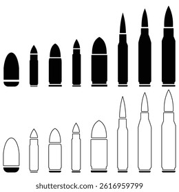 Bullet set icon, vector. collection of bullet silhouettes, Weapon ammo types and size in flat style. Attribute of war and hostilities. Firearm, shot or army symbol. vector illustration.
