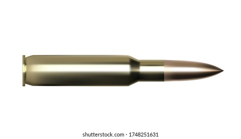 Bullet, shell on white background. 3d illustration render. Shooting from automatic weapons. Gold bursts for advertisement. Military operations, shooting from gun. Cartridges for design concepts