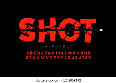 Bullet Shot Font, Alphabet Letters And Numbers Vector Illustration